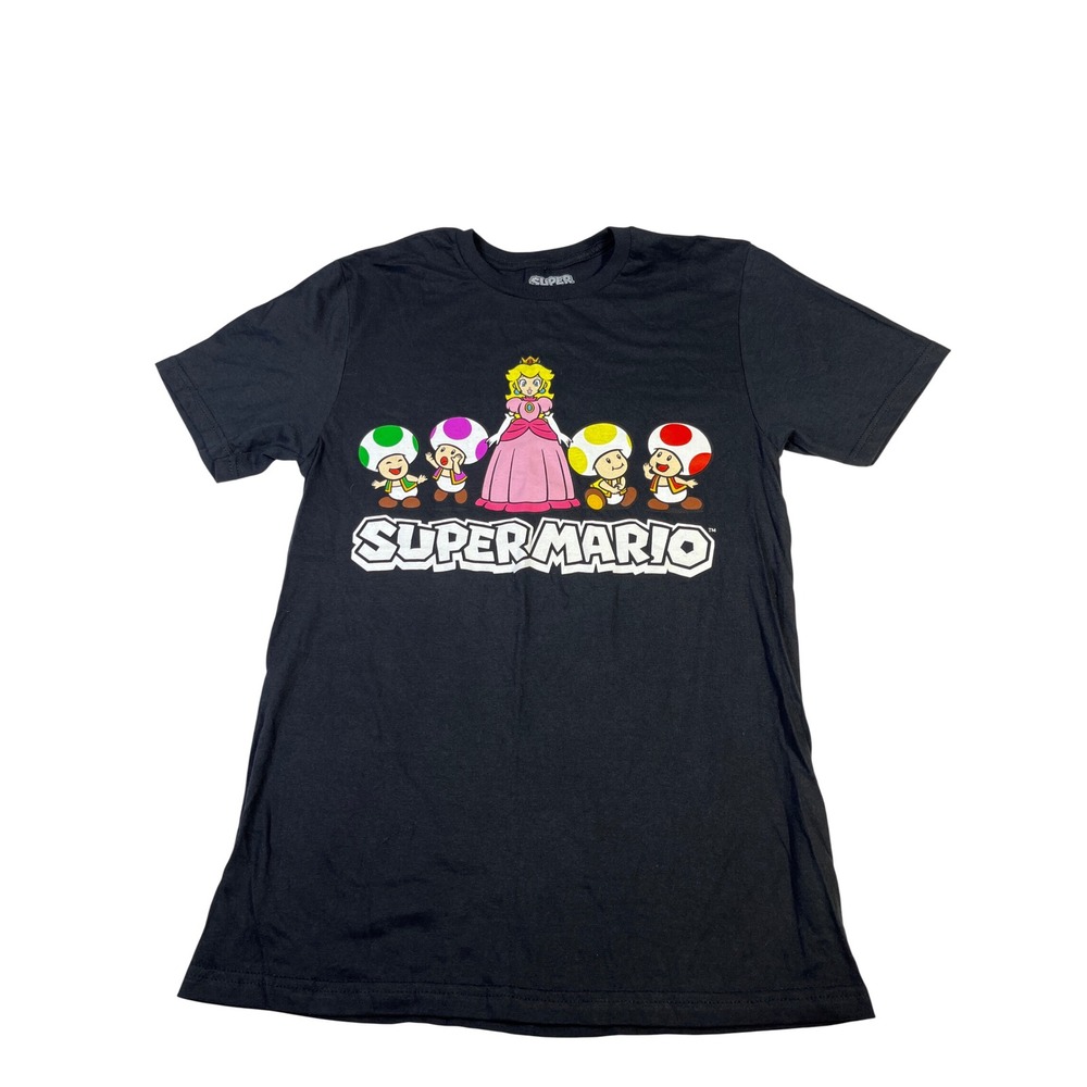 Nintendo Super Mario Princess Peach Toad Black Graphic T-Shirt Mens Small Hybrid